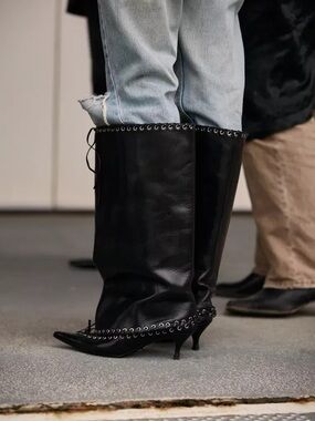 Black Pointed Lace-Up Women's Boots